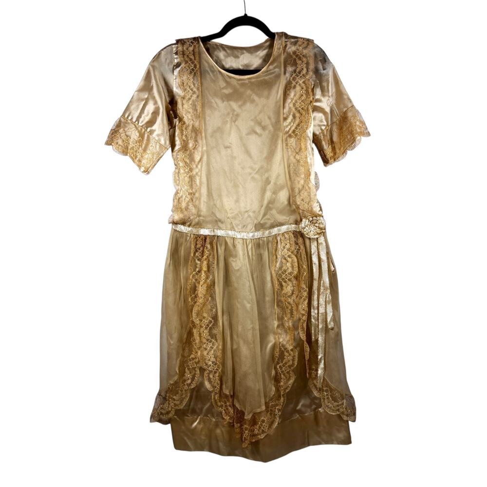 Antique 1920s Silk Wedding Dress Ivory Lace Sheer Overlay Rose Wounded Bird